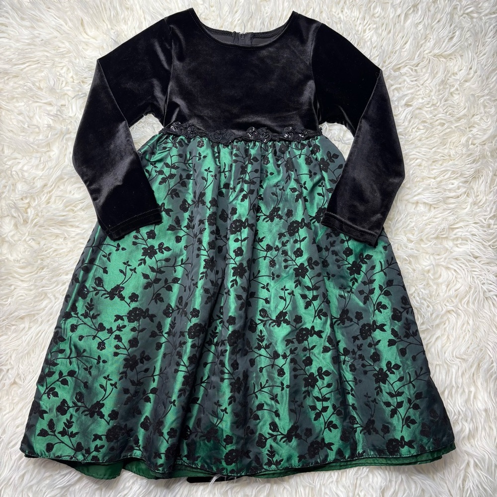 GoodLad Black Velvet Long Sleeve Dress with Green Floral Accents